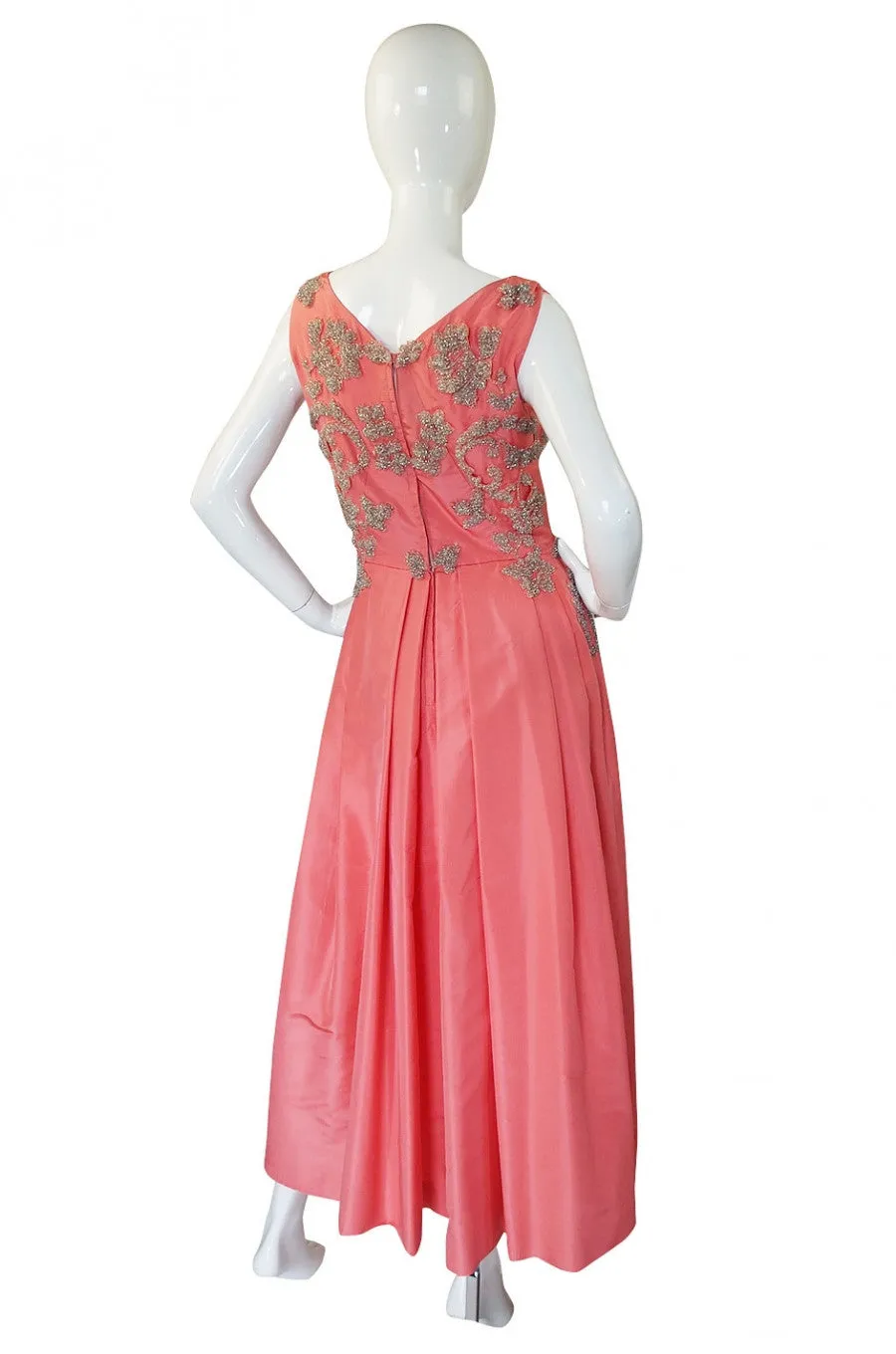 1950s Heavily Beaded Silk Coral Gown