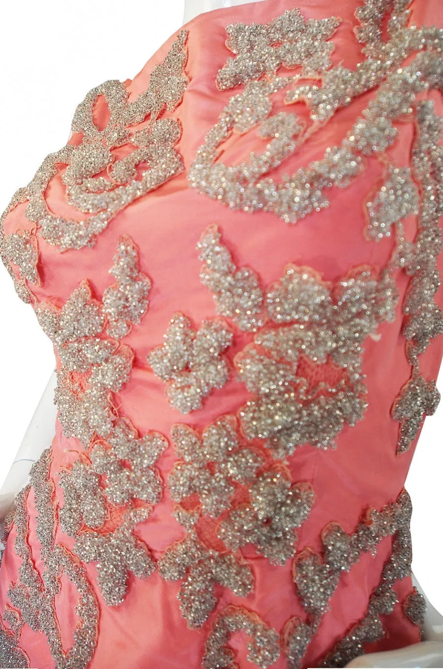 1950s Heavily Beaded Silk Coral Gown