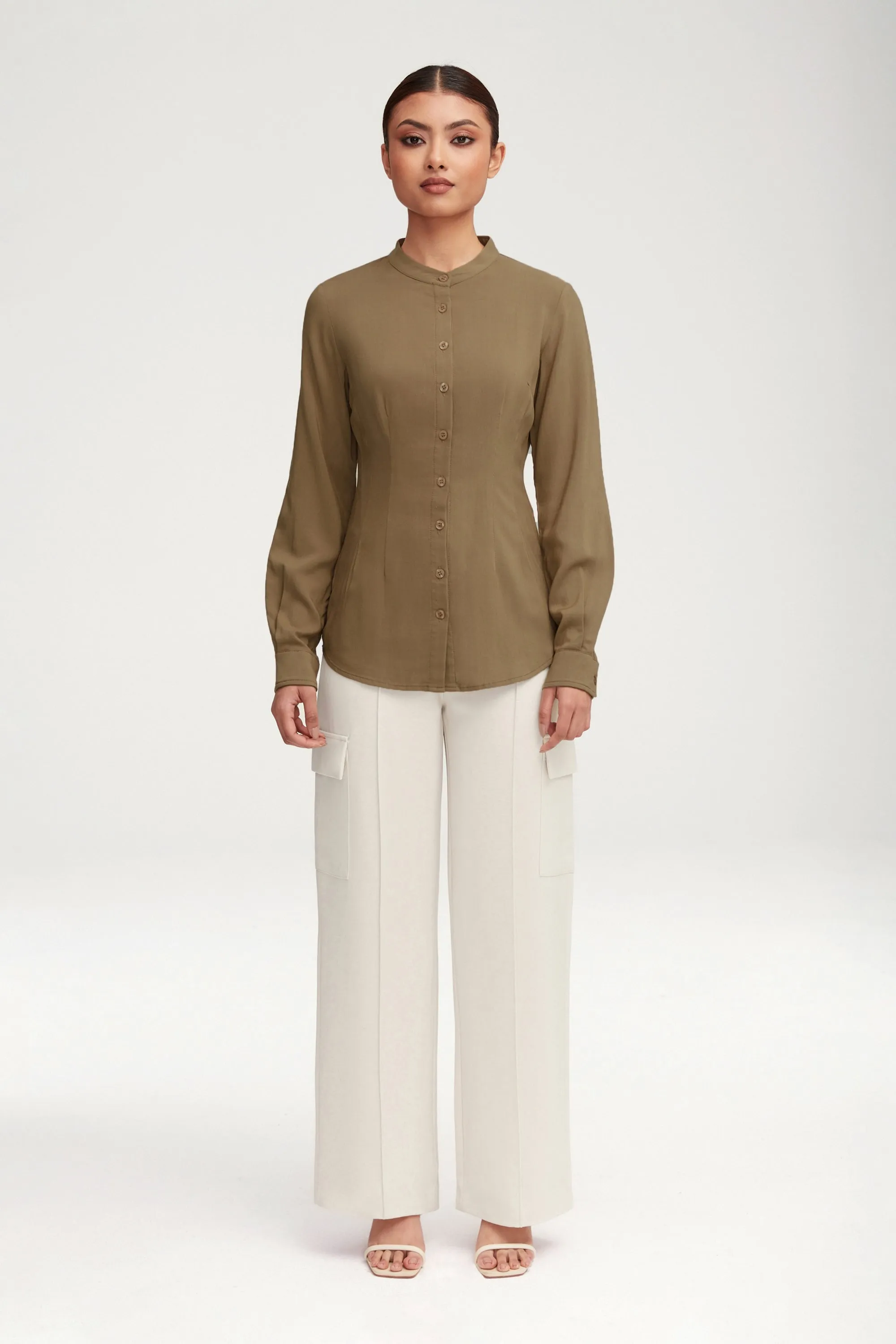 Adina Fitted Button Down Top - Desert Sage