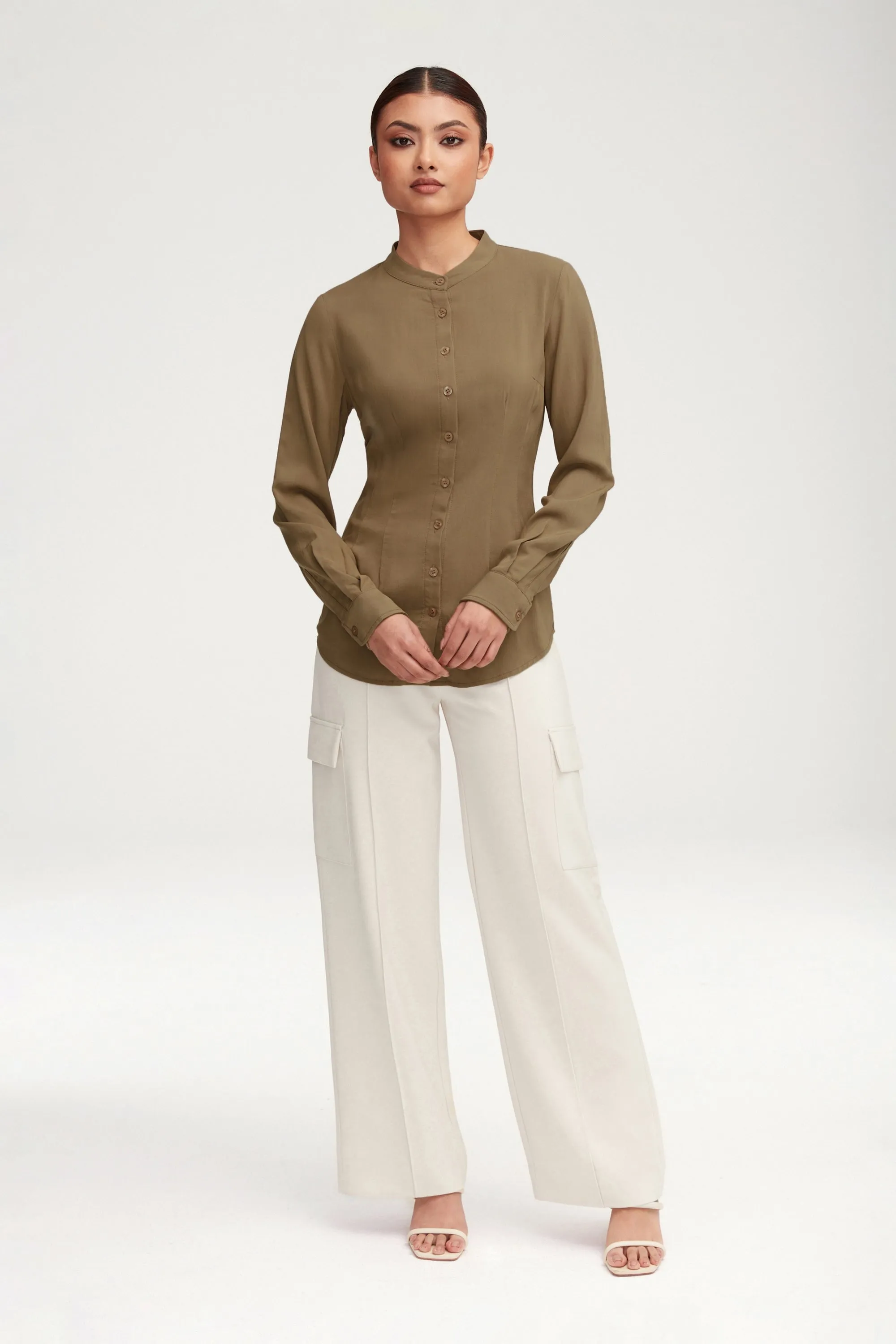 Adina Fitted Button Down Top - Desert Sage