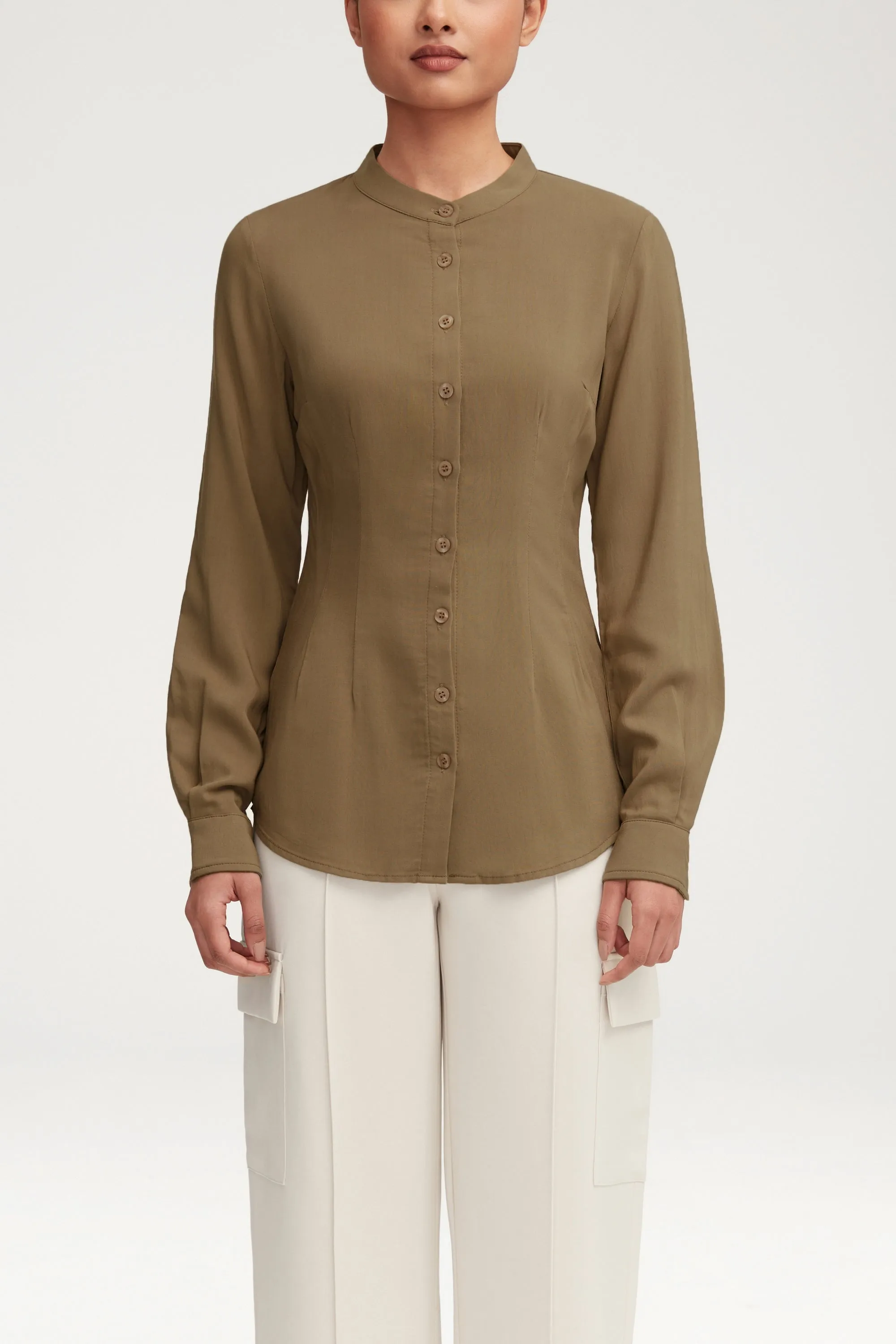 Adina Fitted Button Down Top - Desert Sage