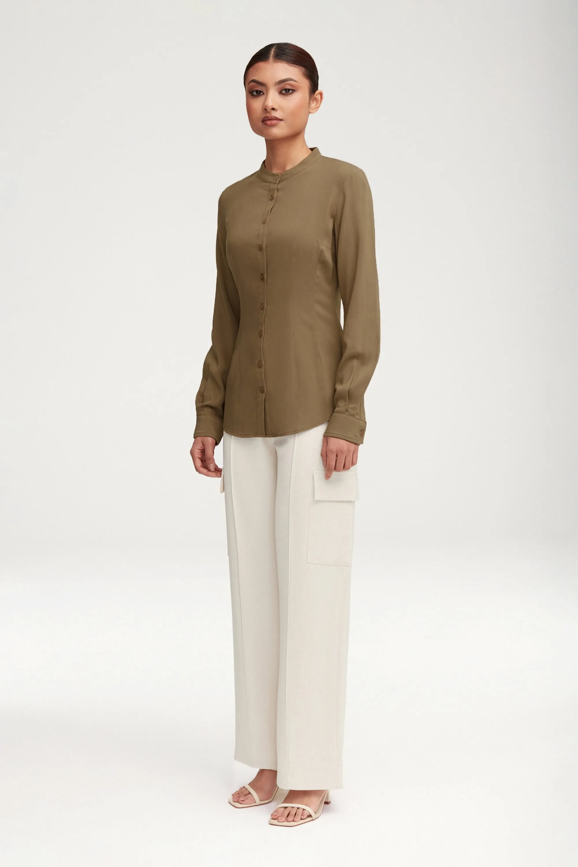 Adina Fitted Button Down Top - Desert Sage