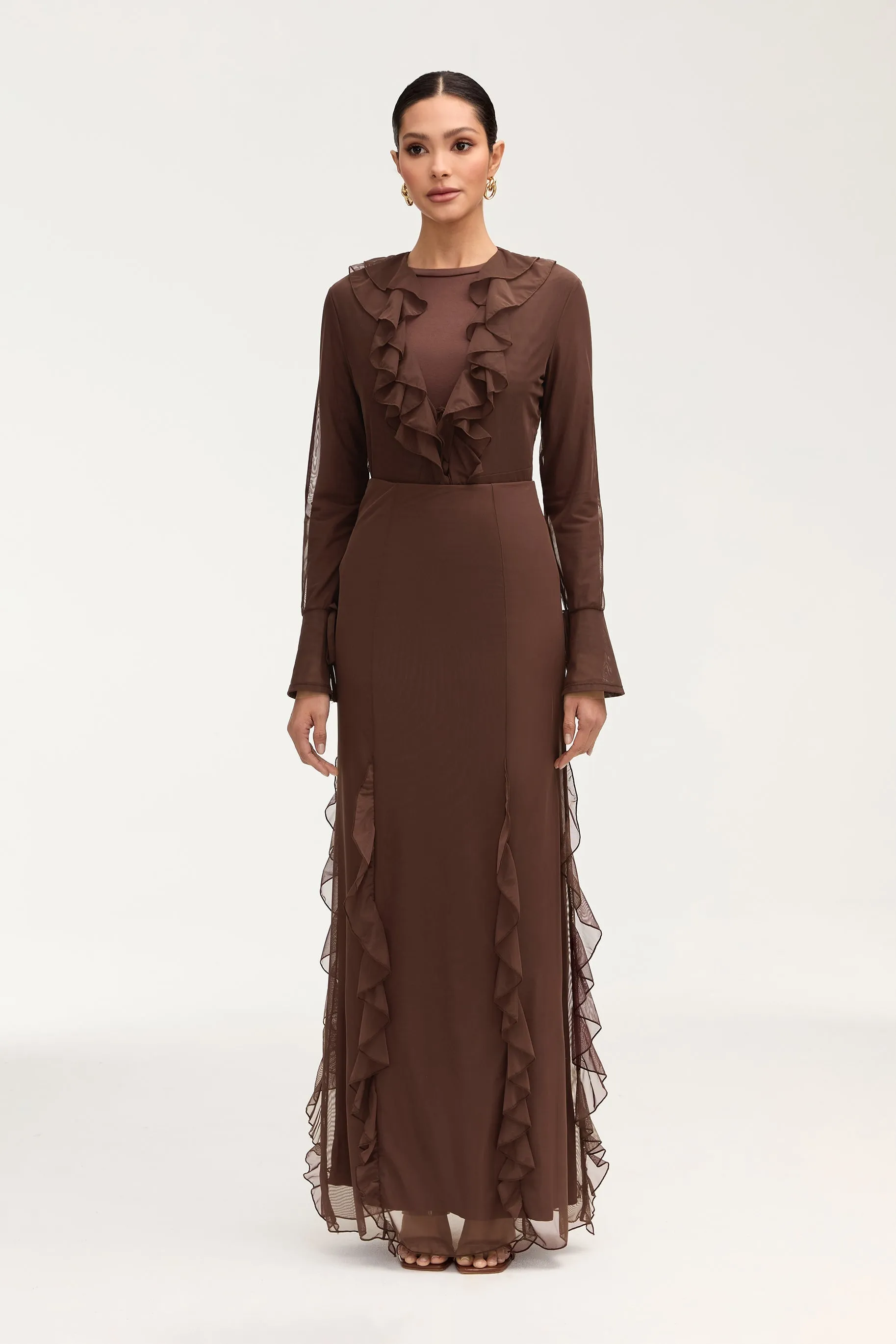 Adriana Waterfall Mesh Maxi Skirt - Brown