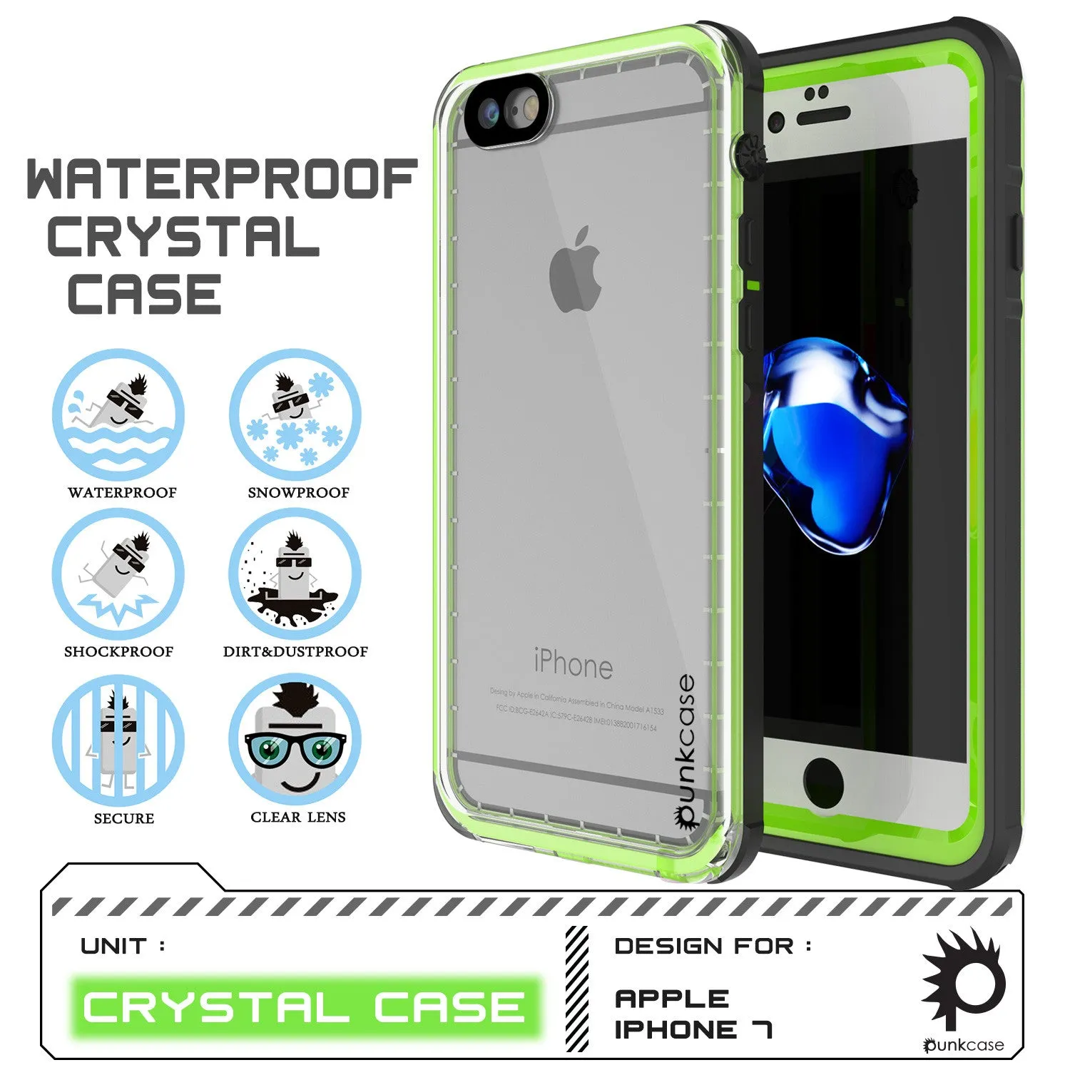 Apple iPhone 7 Waterproof Case, PUNKcase CRYSTAL Light Green  W/ Attached Screen Protector  | Warranty