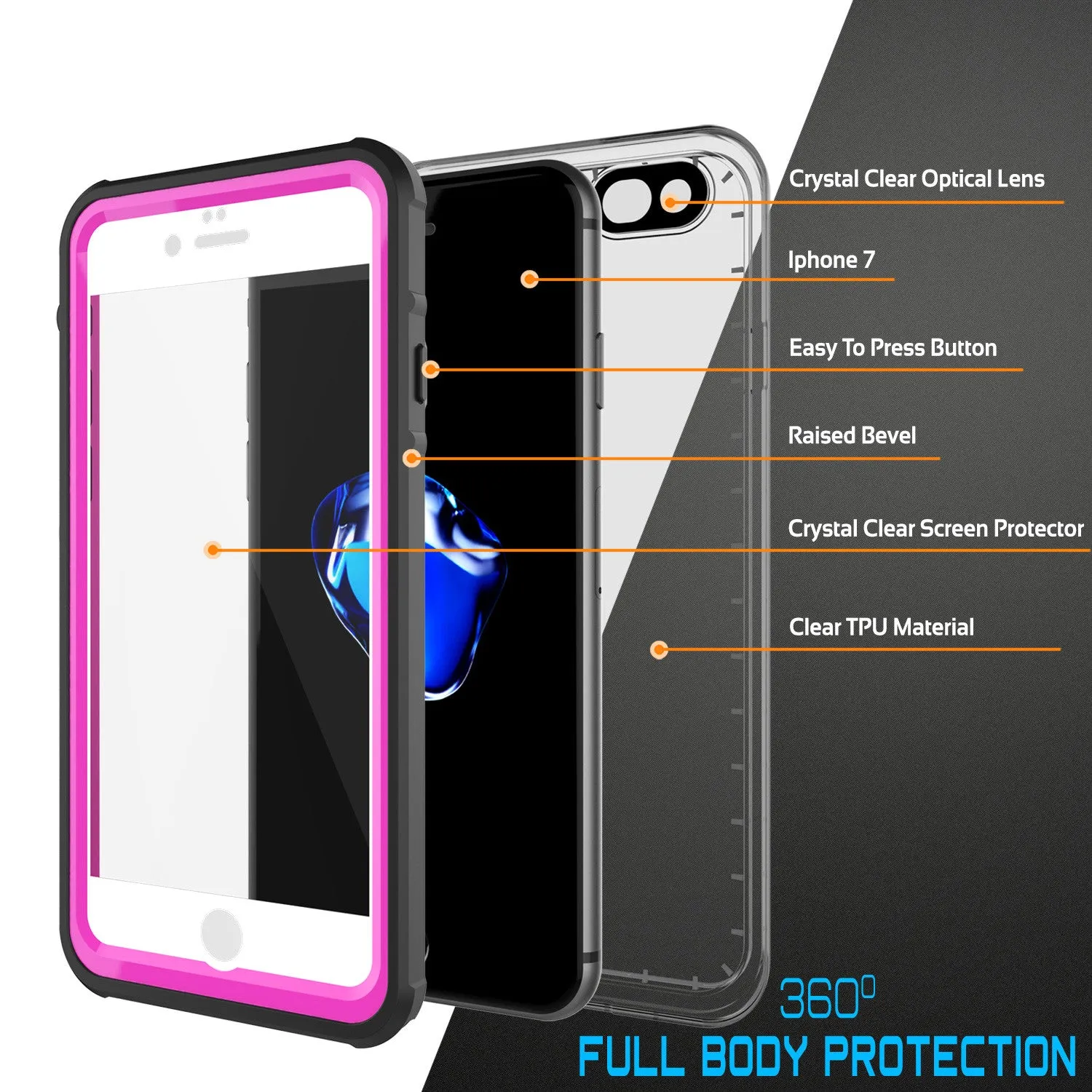 Apple iPhone 7 Waterproof Case, PUNKcase CRYSTAL Pink W/ Attached Screen Protector  | Warranty