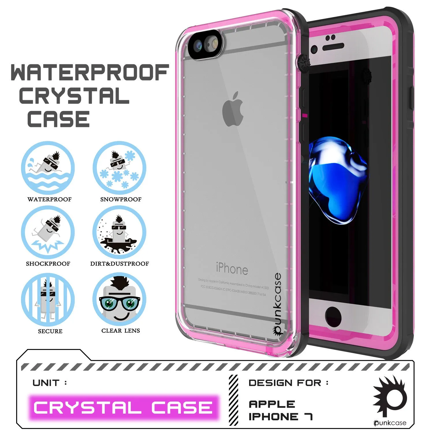 Apple iPhone 7 Waterproof Case, PUNKcase CRYSTAL Pink W/ Attached Screen Protector  | Warranty