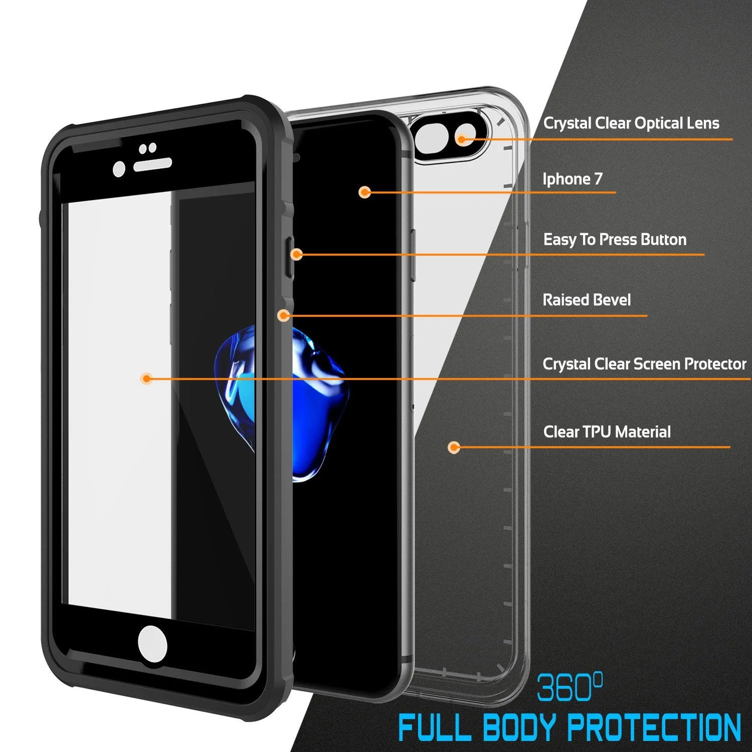 Apple iPhone 8 Waterproof Case, PUNKcase CRYSTAL Black W/ Attached Screen Protector  | Warranty