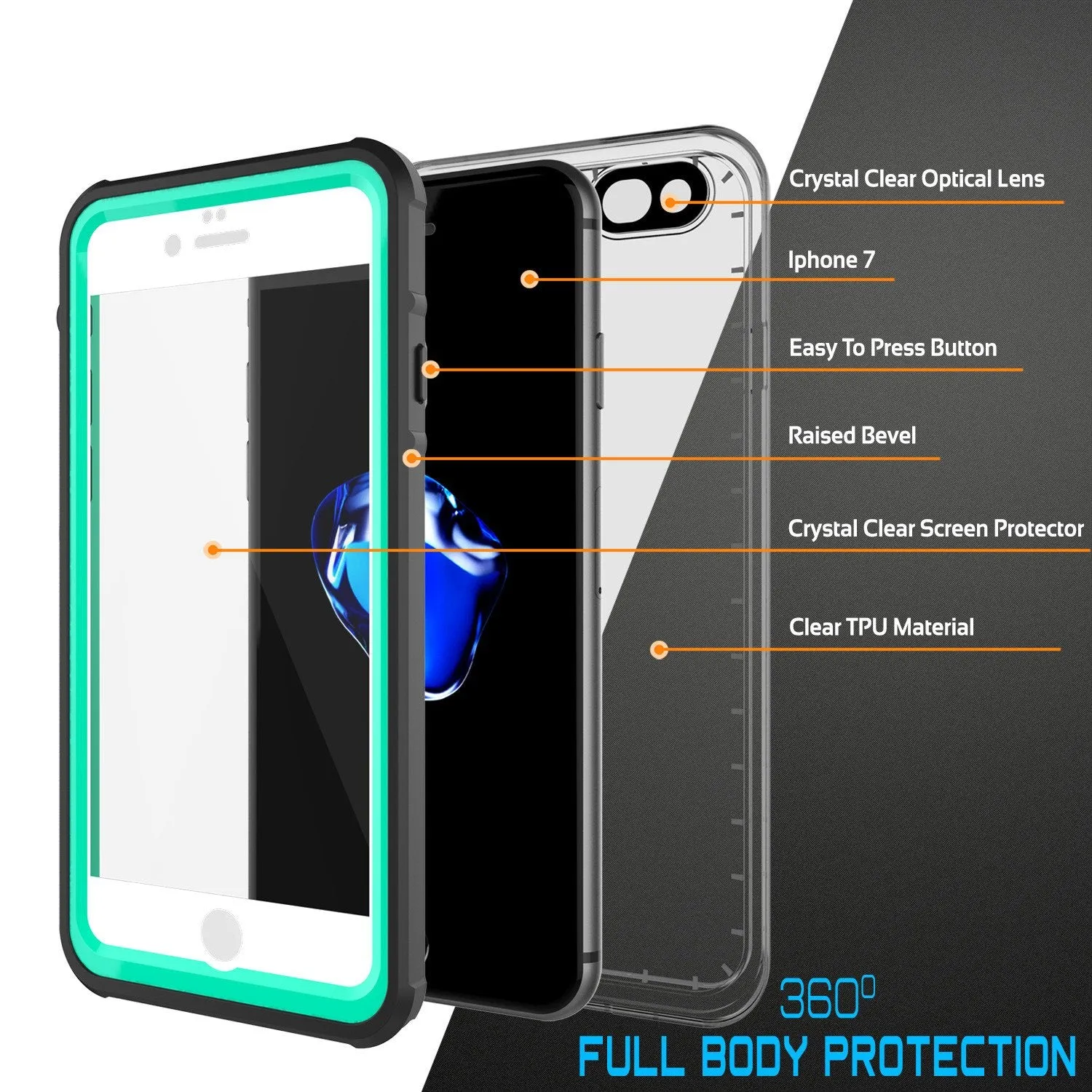 Apple iPhone 8 Waterproof Case, PUNKcase CRYSTAL Teal W/ Attached Screen Protector  | Warranty