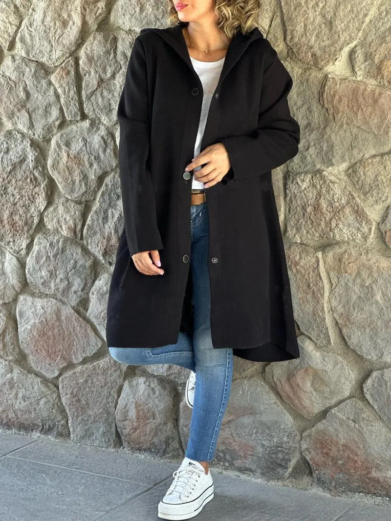 Autumn And Winter New Hooded Long Sleeve Solid Color Woolen Coat