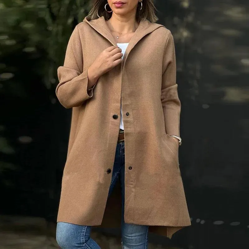 Autumn And Winter New Hooded Long Sleeve Solid Color Woolen Coat