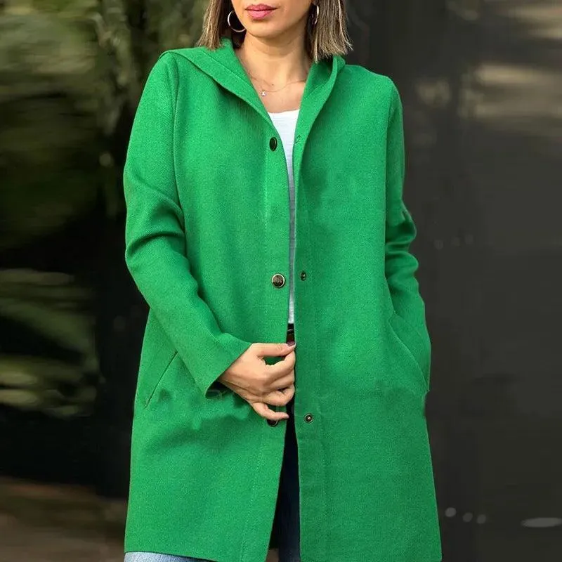 Autumn And Winter New Hooded Long Sleeve Solid Color Woolen Coat