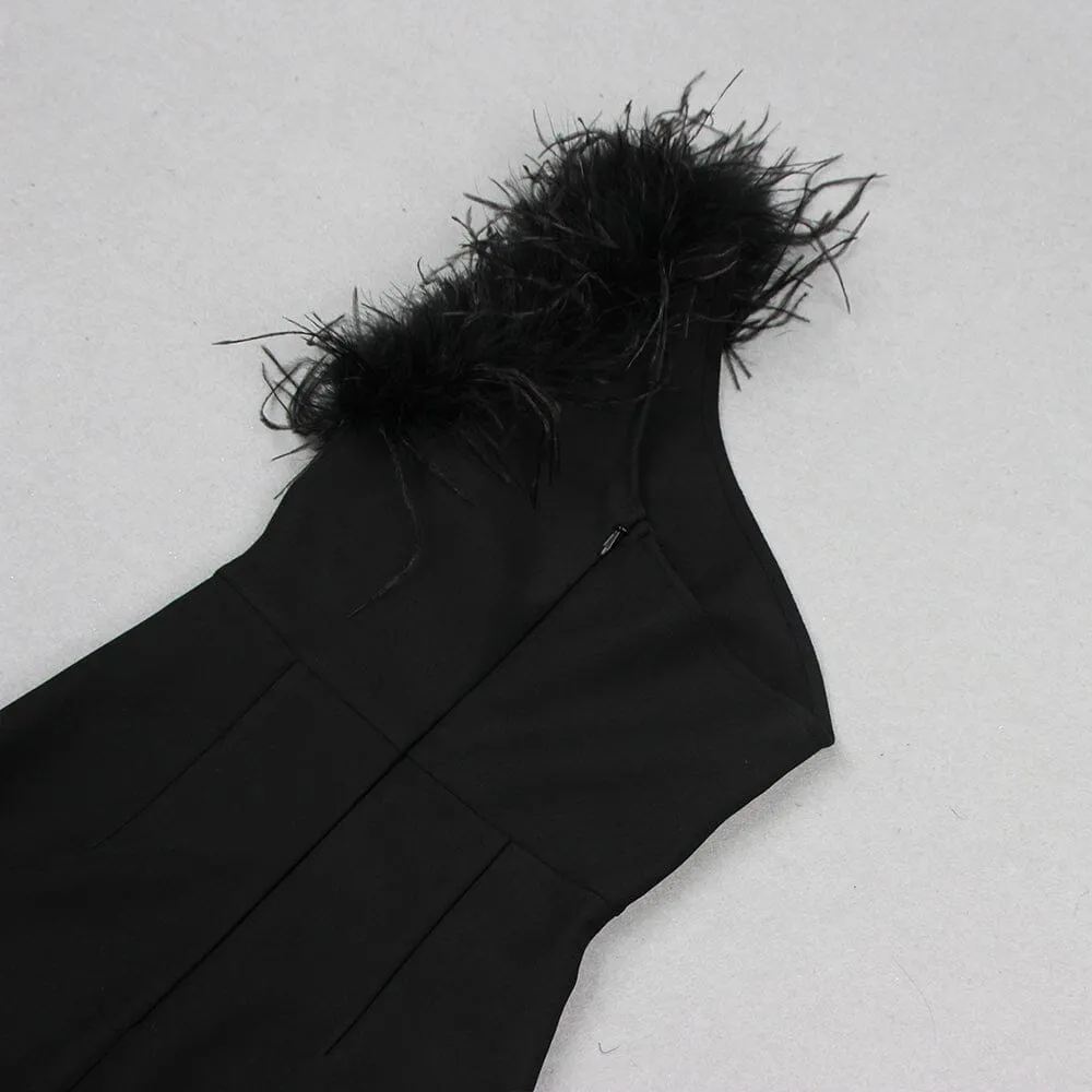 BLACK ONE-SHOULDER FEATHER MAXI DRESS