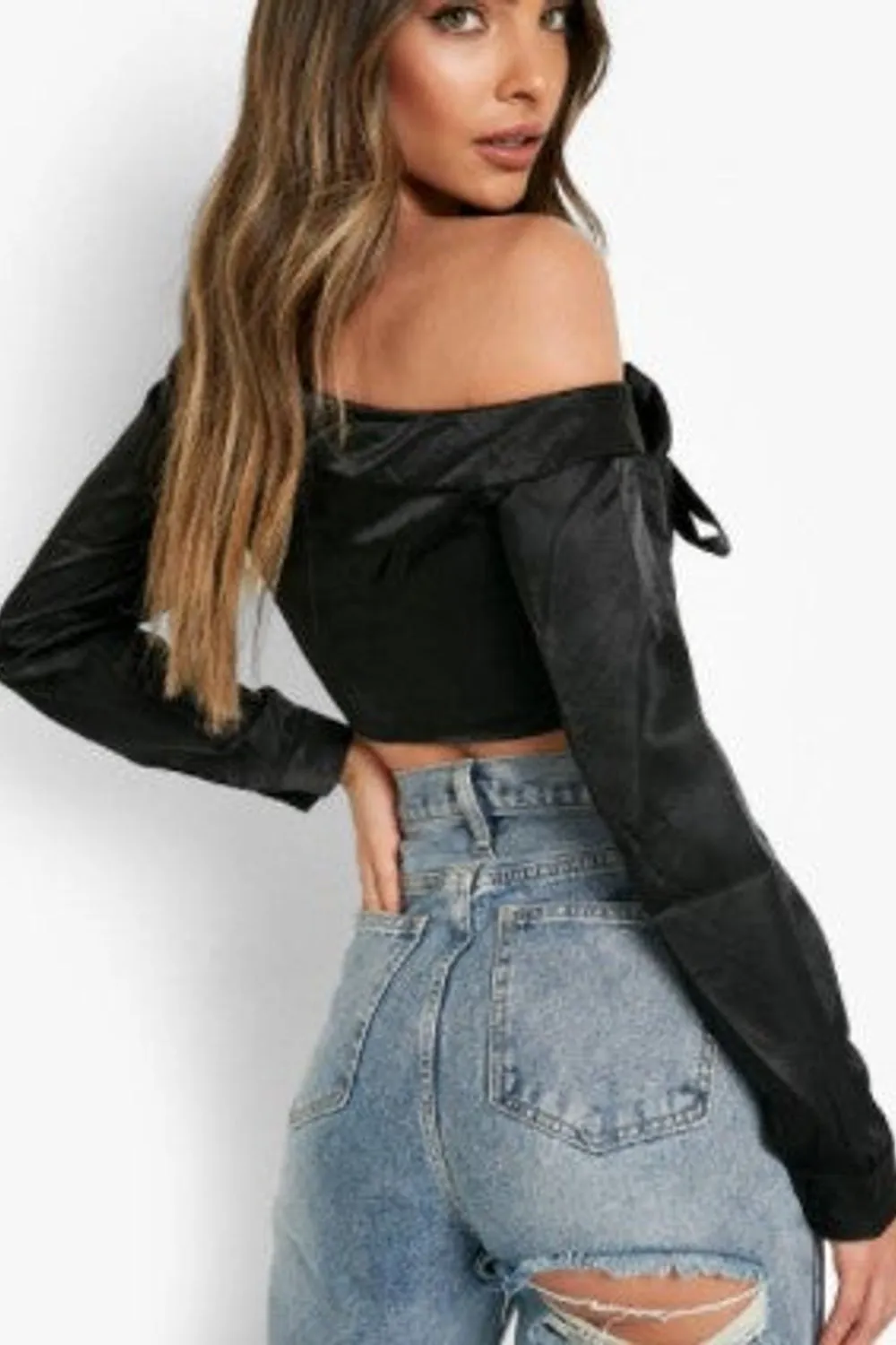 Black Satin Off The Shoulder Tie Front Shirt