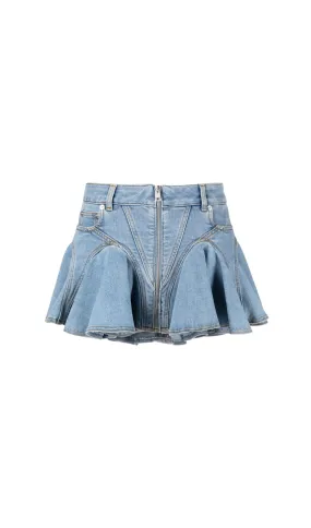 BLUE FLARED DENIM MINI SKIRT