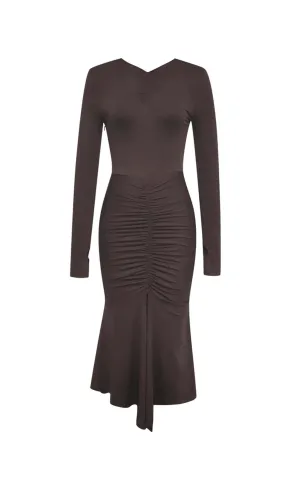 BROWN SLIT RUCHED MIDI DRESS