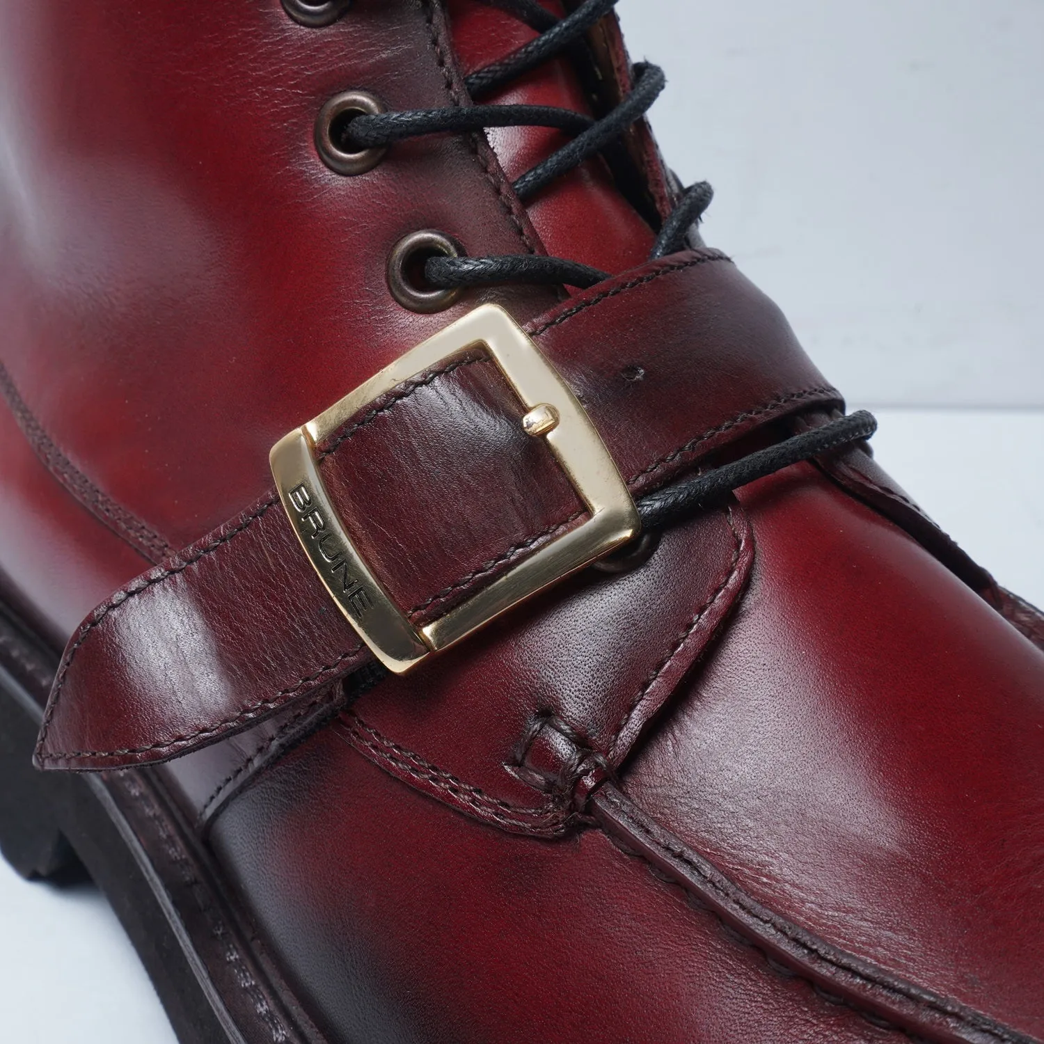 Burnished Dark Apron Toe Boot Ultra Light Weight Wine Leather Lace-Up Buckle Straps by Brune & Bareskin