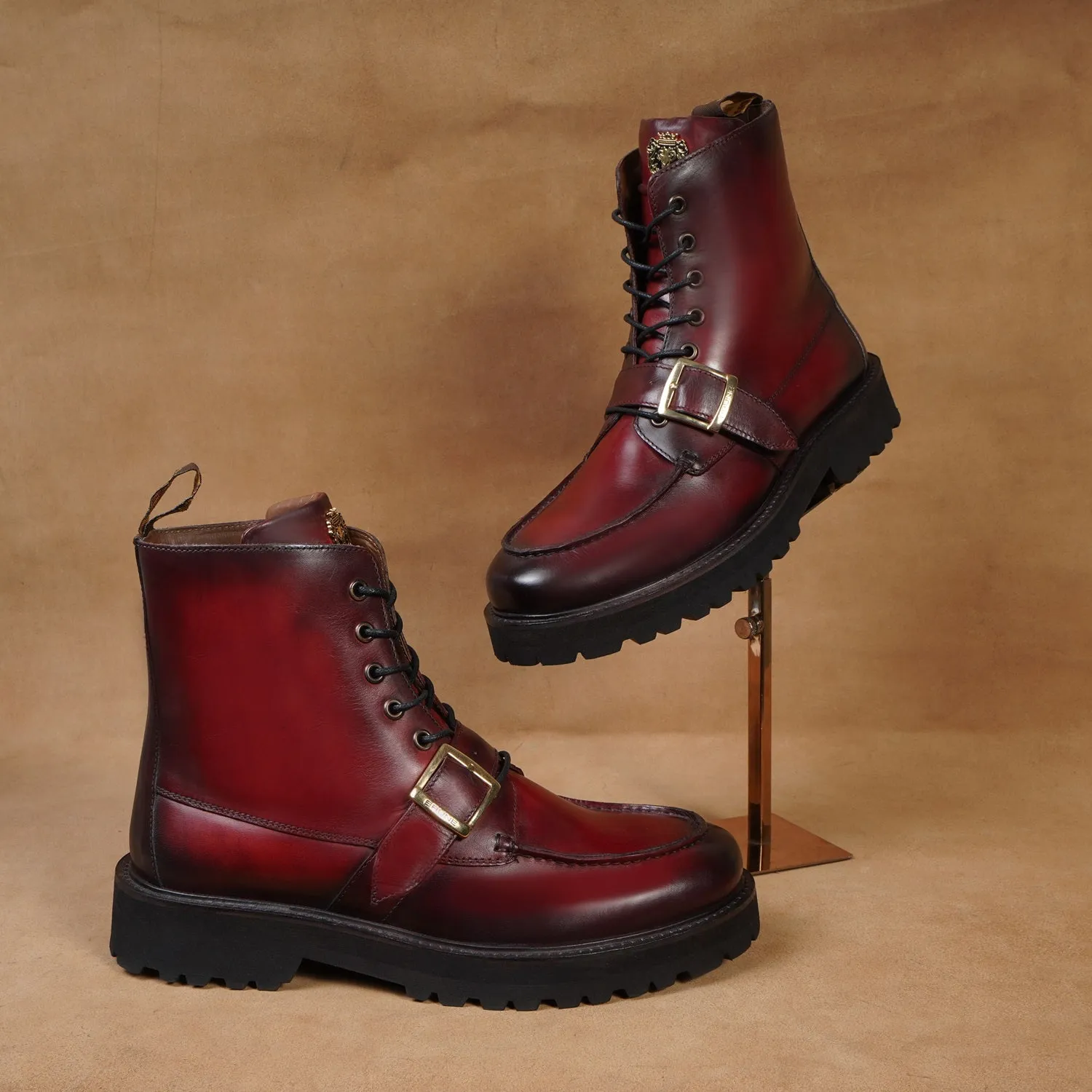 Burnished Dark Apron Toe Boot Ultra Light Weight Wine Leather Lace-Up Buckle Straps by Brune & Bareskin