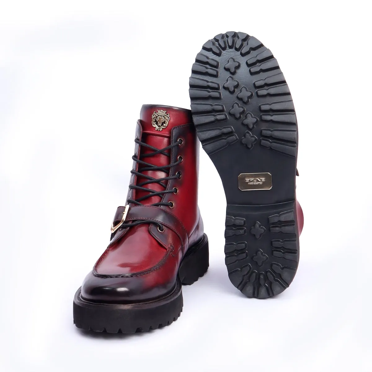 Burnished Dark Apron Toe Boot Ultra Light Weight Wine Leather Lace-Up Buckle Straps by Brune & Bareskin