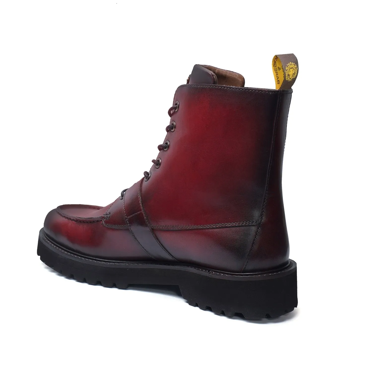 Burnished Dark Apron Toe Boot Ultra Light Weight Wine Leather Lace-Up Buckle Straps by Brune & Bareskin