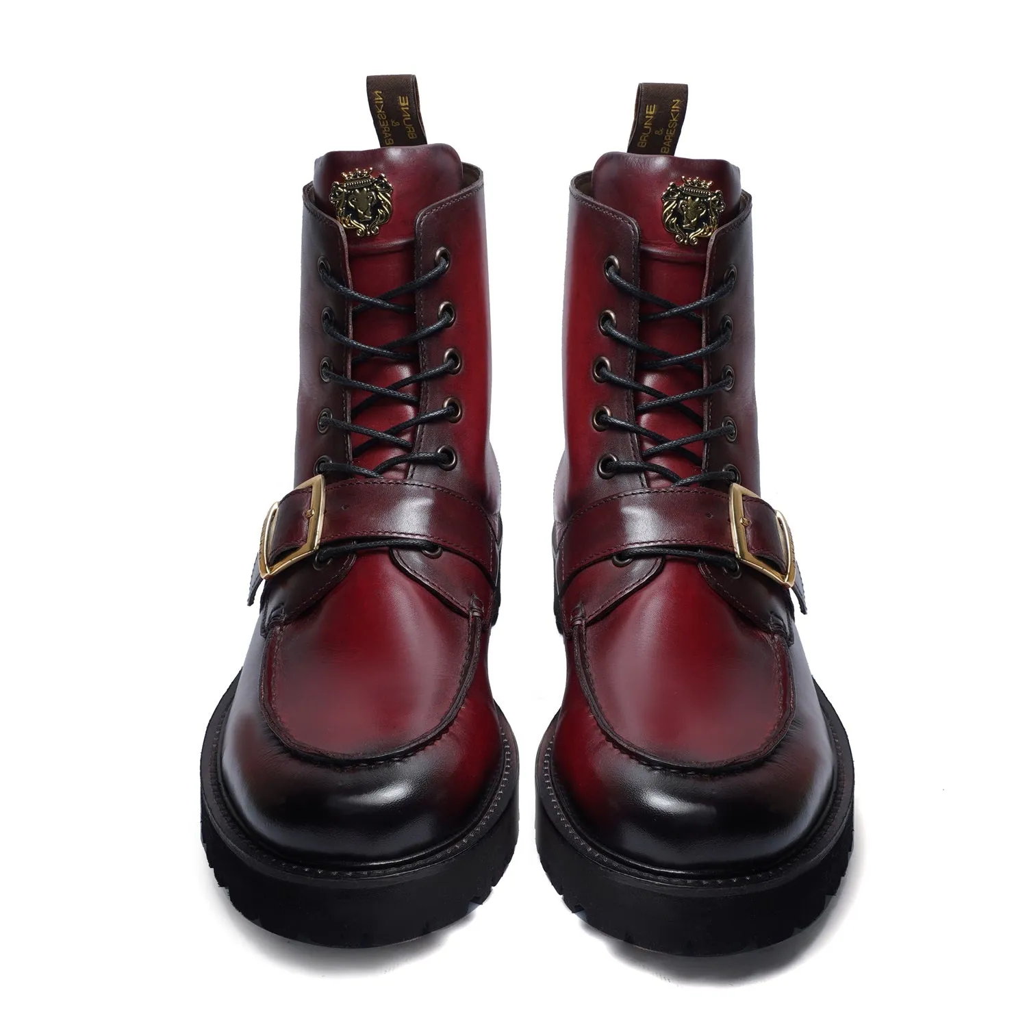 Burnished Dark Apron Toe Boot Ultra Light Weight Wine Leather Lace-Up Buckle Straps by Brune & Bareskin