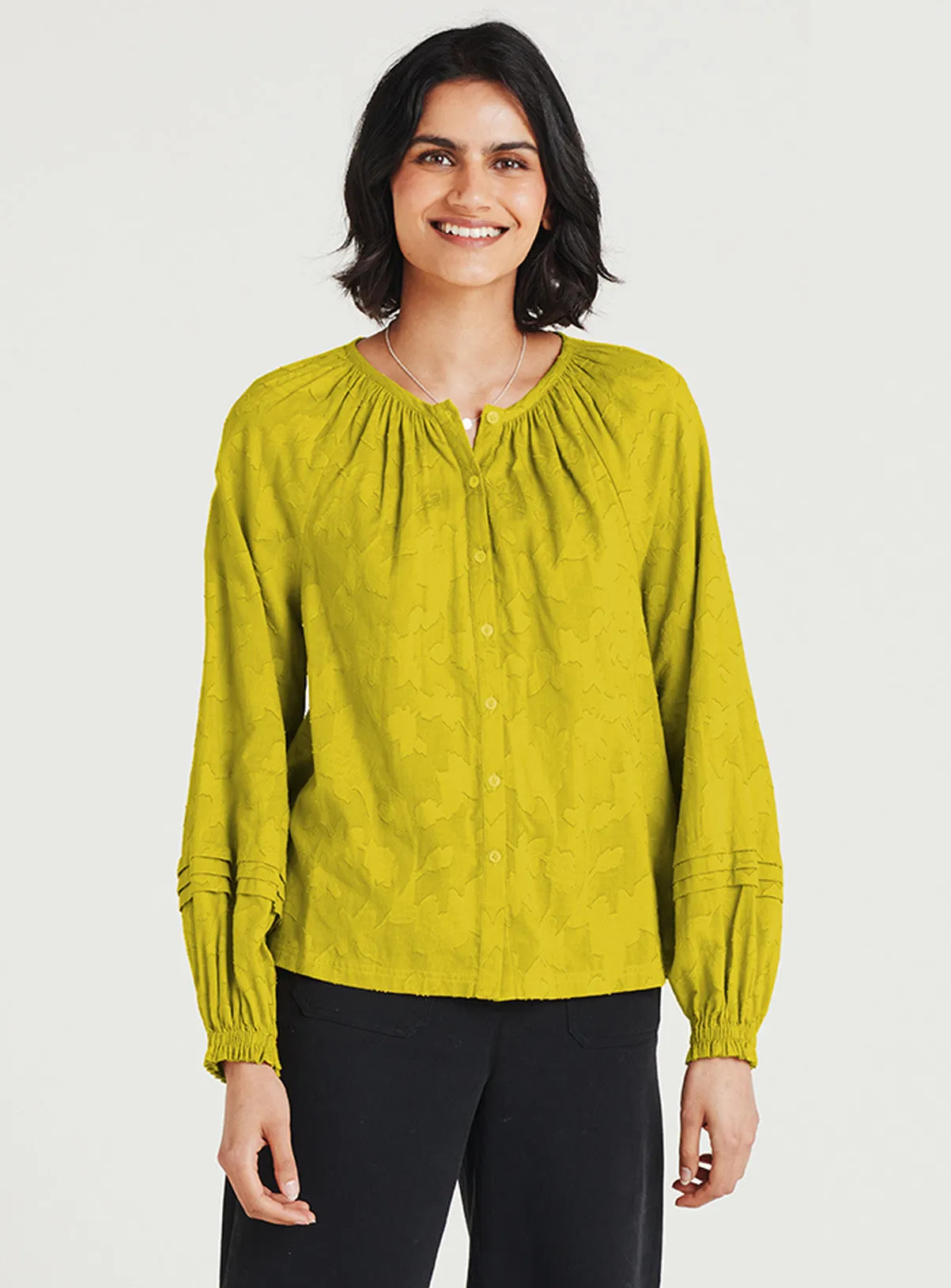 Danna Organic Cotton Floral Jacquard Blouse - Lichen Green