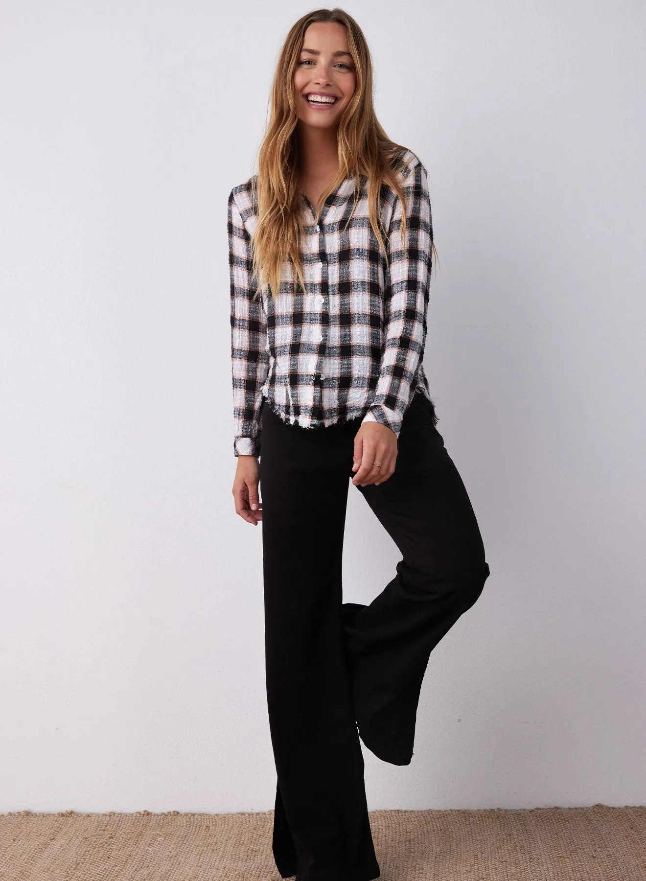 Frayed Hem Button Down - Black & White Check