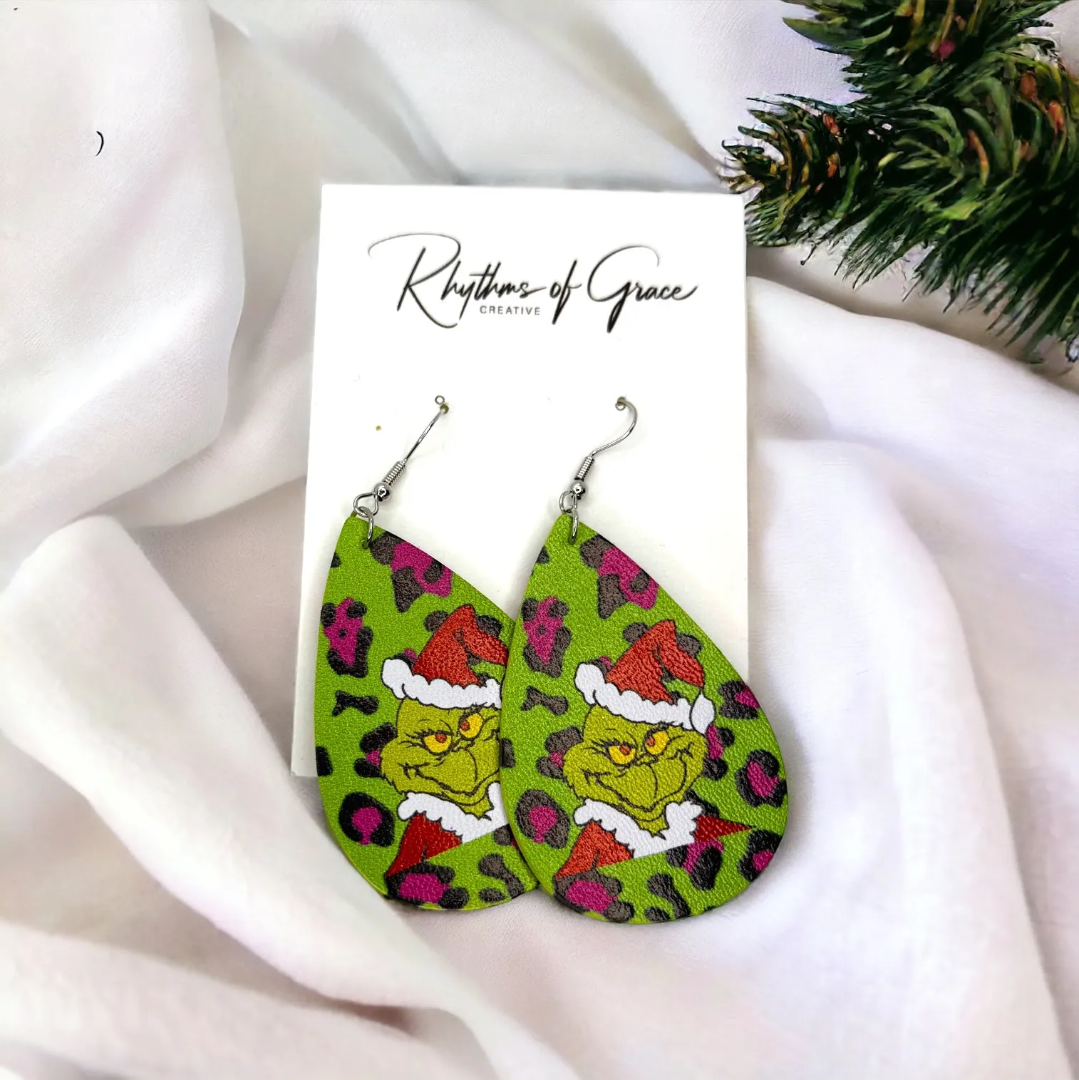 Mean One Earrings - Santa Hat, Christmas Earrings, Christmas Jewelry, Christmas Jewelry, Handmade Earrings, Green Earrings