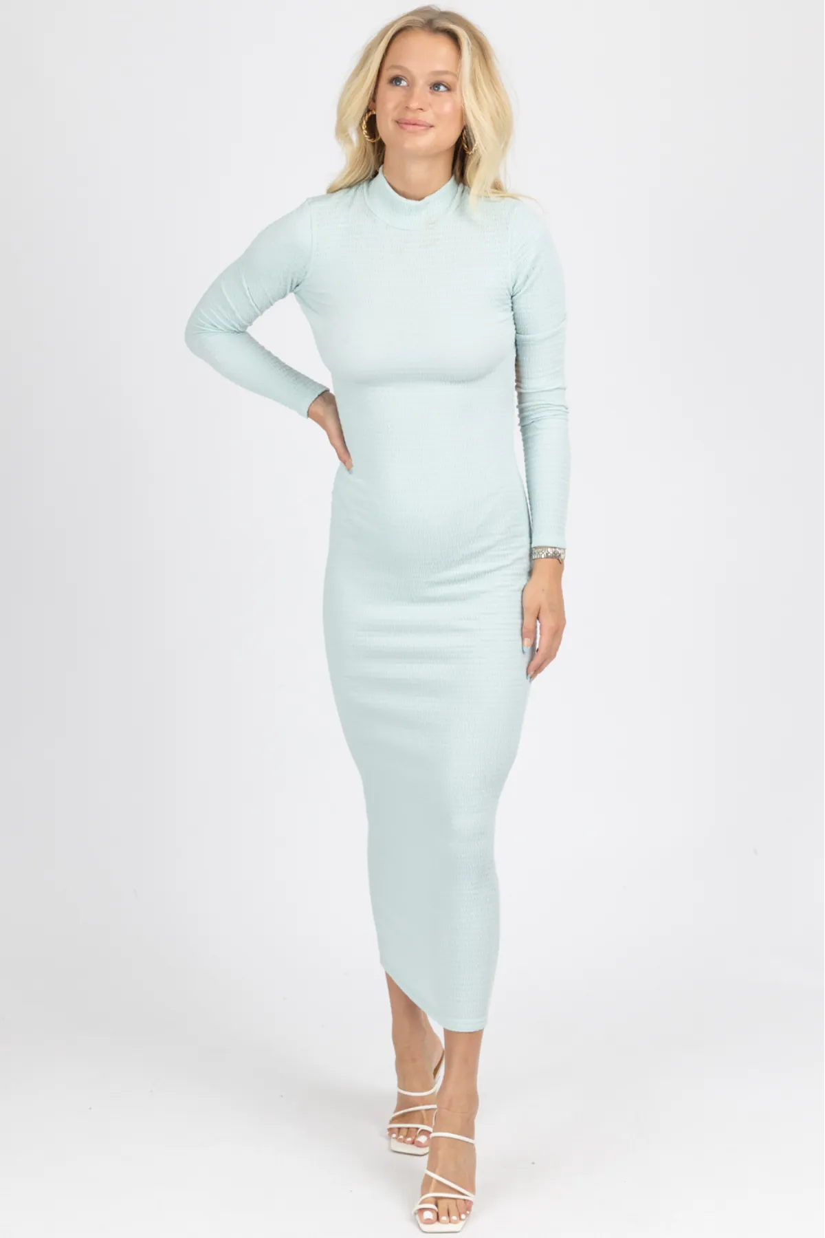 MISTY BLUE LONG SLEEVE OPEN BACK DRESS