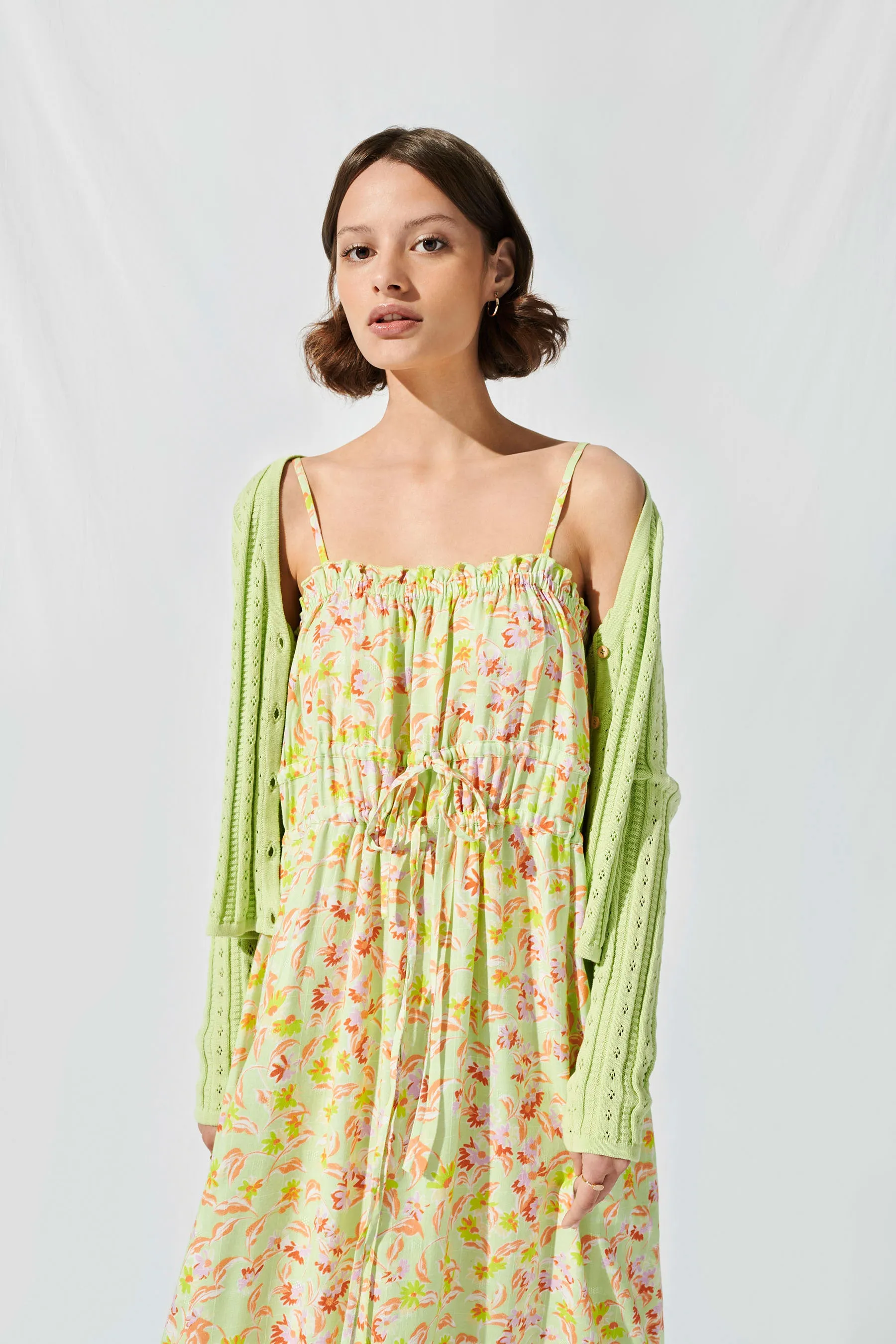 Ruched Cami Midi Dress in Lime Daisy