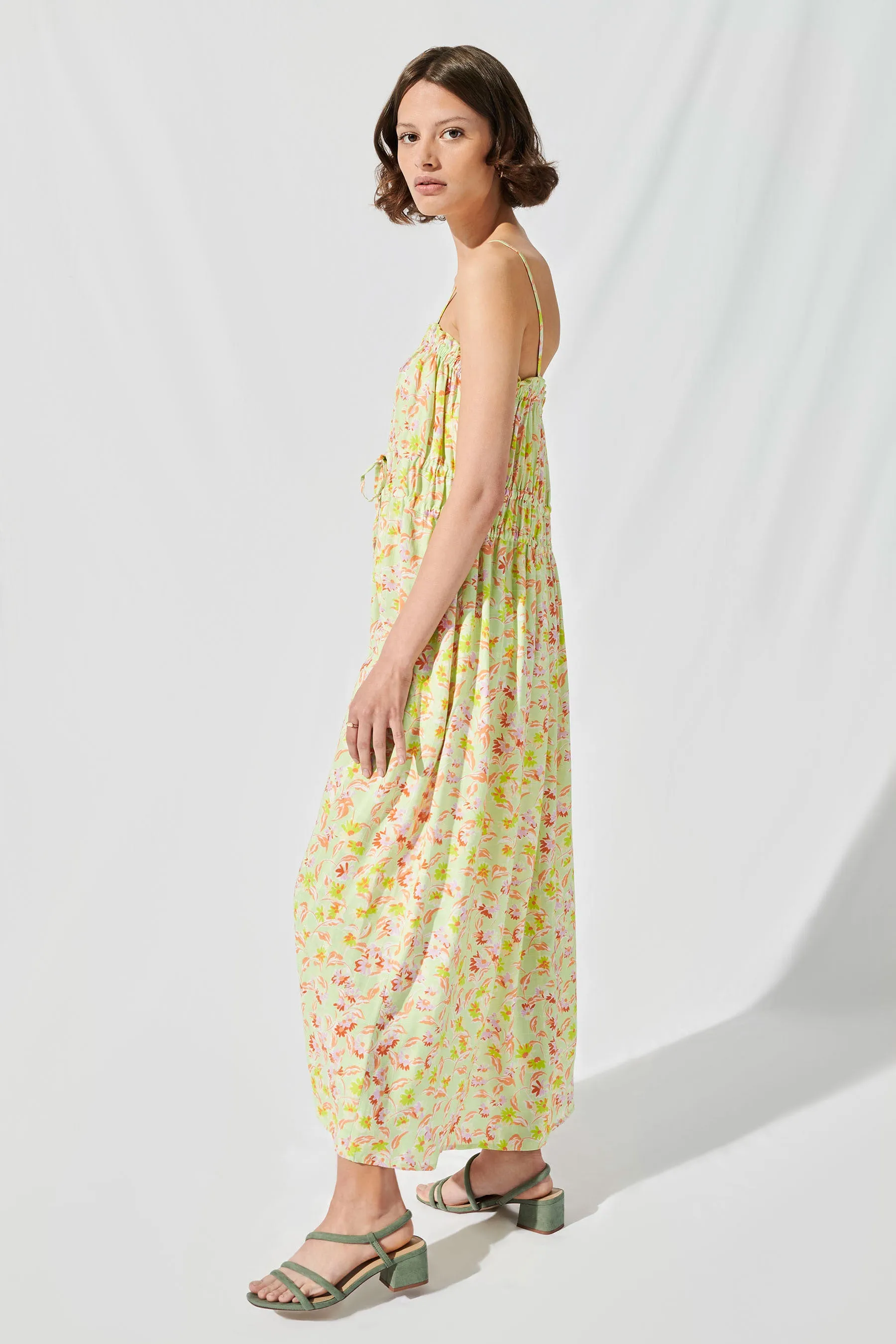 Ruched Cami Midi Dress in Lime Daisy